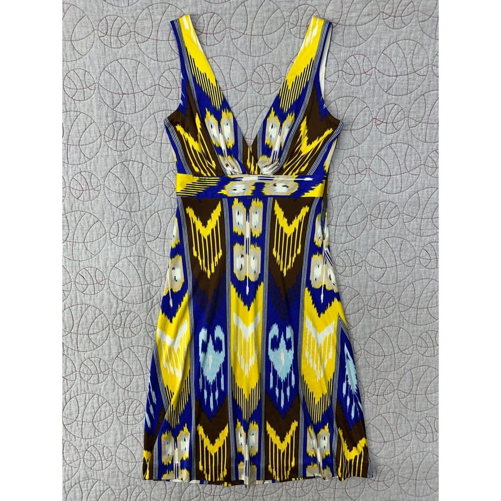 Tory Burch Dress Blue‎ Yellow Ikat Silk V-Neck Sleeveless / Womens XS